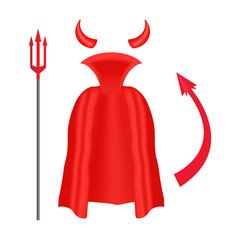 Devil horns, trident, mantle and tail isolated on white background. Vector illustration.