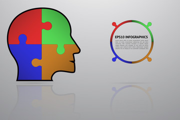 Business puzzle infographics with 4 steps. Four steps timeline infographic with head shape with puzzle or jigsaw on gray gradient backdrop with reflection.