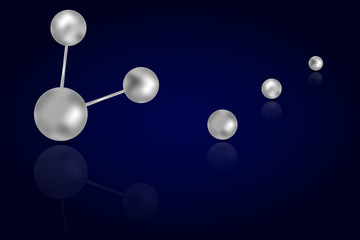 Abstract 3D steel or iron circles connected with metallic lines on dark blue gradient background with reflection in shape of H2O, water atom. Abstract connectivity from 3D steel molecules.