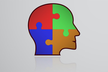 Business infographic element. Head shape icon with colorful puzzle pieces inside. Connected jigsaw in shape of human head with thick stroke with own reflection.