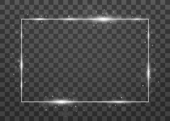 Vector shining frame with lights effects. Shining rectangle banner. Isolated on black transparent background. Vector illustration, eps 10.
