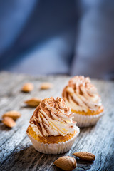 Cupcake dessert cream tiramisu on a wooden background
