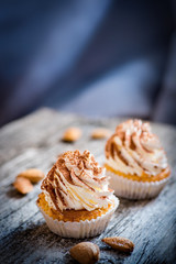 Cupcake dessert cream tiramisu on a wooden background