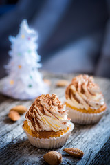 Cupcake dessert cream tiramisu on a wooden background