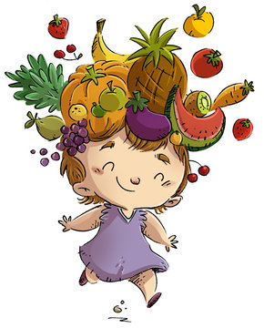 niña con fruta en la cabeza