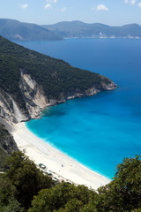 Obraz premium Panoramic View of beautiful Myrtos bay road to beach, Kefalonia, Ionian islands, Greece