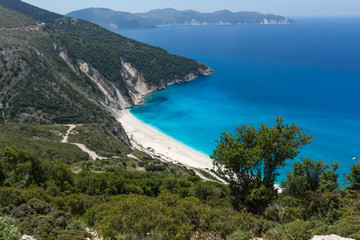 Fototapeta na wymiar Blue water of beautiful Myrtos beach, Kefalonia, Ionian islands, Greece