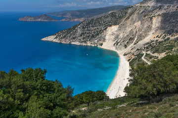 Obraz premium Amazing Panoramic View of beautiful Myrtos beach, Kefalonia, Ionian islands, Greece