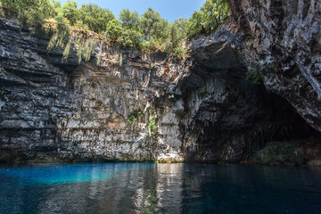 Amazing view of Blue cave Melissani in Kefalonia, Ionian islands, Greece