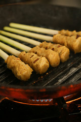 Meat skewers on a grill pan