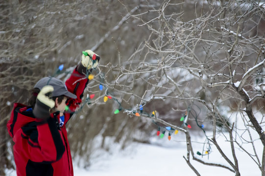 Man Putting Up Christmas Holiday Lights In Snow Covered Trees Outdoors