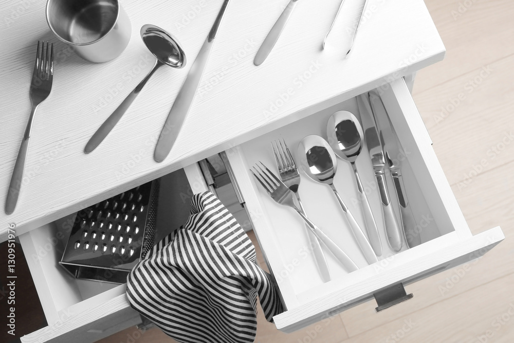 Canvas Prints chest of drawers with cutlery set, top view