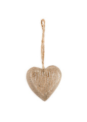 Natural brown heart, prepared from solid wood. Winter, Christmas, New Year wooden pine tree decoration, Isolated on white background. Wooden decor - heart. Top view. Closeup.