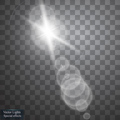 Vector transparent sunlight special lens flare light effect. Sun flash with rays and spotlight