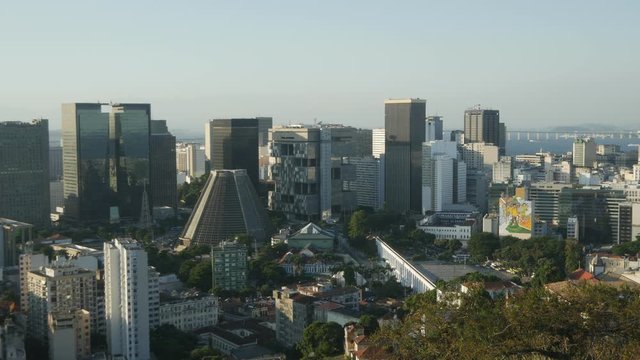 Brazil, City of Rio de Janeiro, City Center Skyline viewed from the Parque das Ruinas in Santa Teresa.
