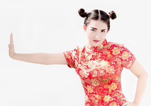 asian lady put hand on wall