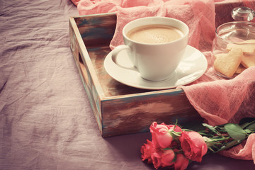 Rose, coffee and cookies in the shape of a heart. tinted. copy s