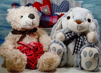 A teddy bear, bunny and heart. Gift for Valentine. Happy Valentines day - vintage style - soft focus
