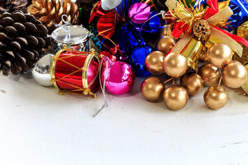 Christmas or new year festival decor on table with free text space. over light and soft-focus in the background 