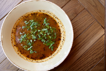 Plate with kharcho soup