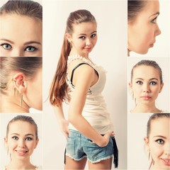 Cute teenage girl smiling toned color shot, collage of images