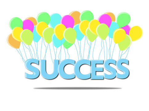 Blue SUCCESS words with colorful balloon on white background.