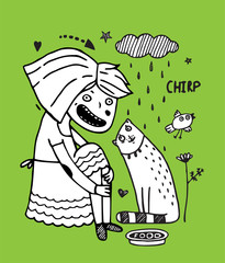 Girl feeding cat and bird friends