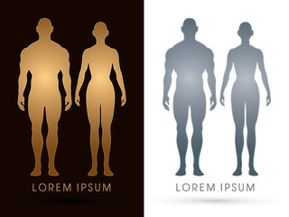 Male and female Anatomy, Human body, full body, designed using gold and silver colors, graphic vector.