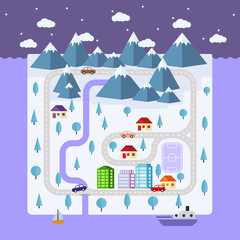 Winter small town on the island. roads, houses, cars, boats and mountains in a flat style banner. Seamless horizontal pattern. Christmas background. Holiday town. Winter landscape. Vector illustration