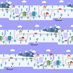 Winter small town on the island. roads, houses, cars, boats and mountains in a flat style banner. Seamless horizontal pattern. Christmas background. Holiday town. Winter landscape. Vector illustration