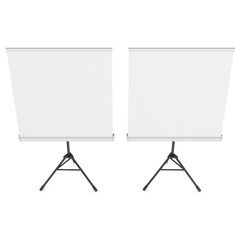 Blank Roll Up Expo Banner Stand on Tripod. Trade show booth white and blank. 3d render illustration isolated on white background. Template mockup for your expo design.