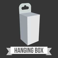 Blank paper hanging box. Packaging container with hanging hole. Mock up template. Vector illustration on black background.