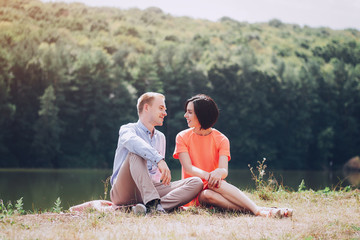 loving couple walking park