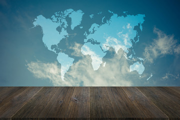 Blue sky cloud with Wood terrace and world map , process in vint