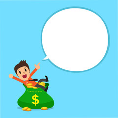 Businessman and big money bag with white speech bubble