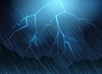 Lightning and rain blue background. Nature thunder flash vector illustration