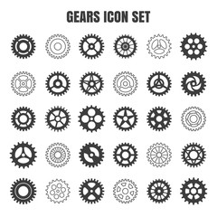 Gear icon set. Vector transmission cog wheels and gears isolated on white background