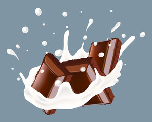 Realistic vector vector illustration of milk splash with chocolate pieces