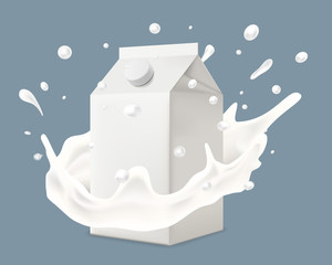 Realistic vector vector illustration of milk splash with carton packaging for juice or milk