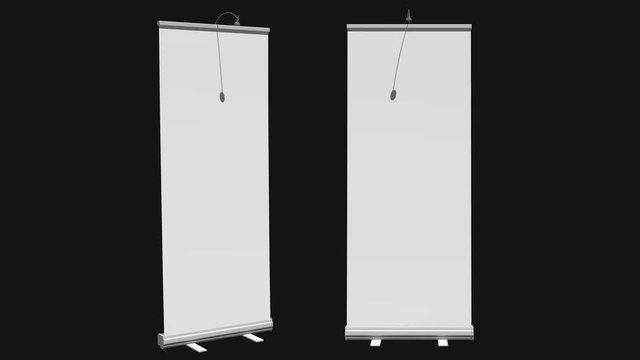 Blank Roll Up Banner Stands. Trade show booth white and blank. 3d motion graphic on black chroma key background. Available in 4K FullHD and HD video render footage.