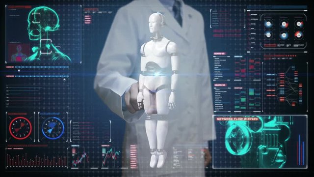 Doctor touching digital screen, Scanning transparency robot cyborg body in digital interface. artificial intelligence.