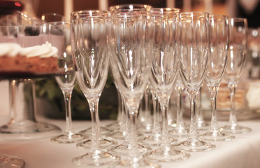 Wine glasses on the table served for the reception in the restau