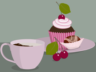 Pink cup and cake with cherry
