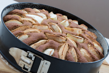 Vegetarian apple cake in a baking pan on a wooden board