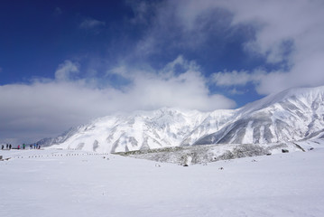 Fototapeta na wymiar Mudoro field in November with snow mountain background