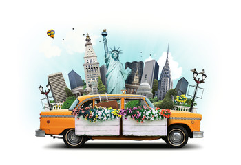 USA, classic yellow Тew York taxi and landmarks - obrazy, fototapety, plakaty
