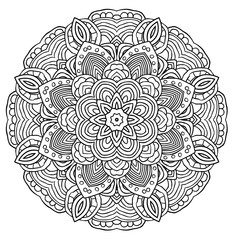 Black and white abstract pattern with leaves and flowers. Doodle. Hand drawn zentagles. Coloring Mandala.