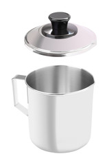 Wide stainless gutter cup with open cover on white background.
