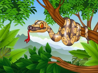 Naklejka premium Cartoon Royal Python snake creeping on a branch