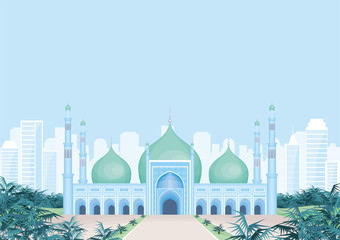 Vector background with the abstract image of the big beautiful mosque. City landscape.